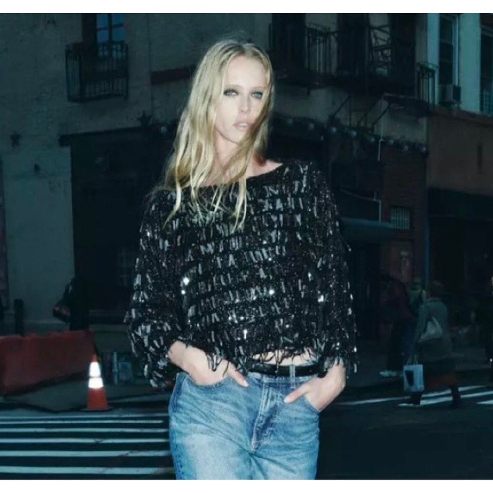 Zara Black Silver Sequin Fringe Top
